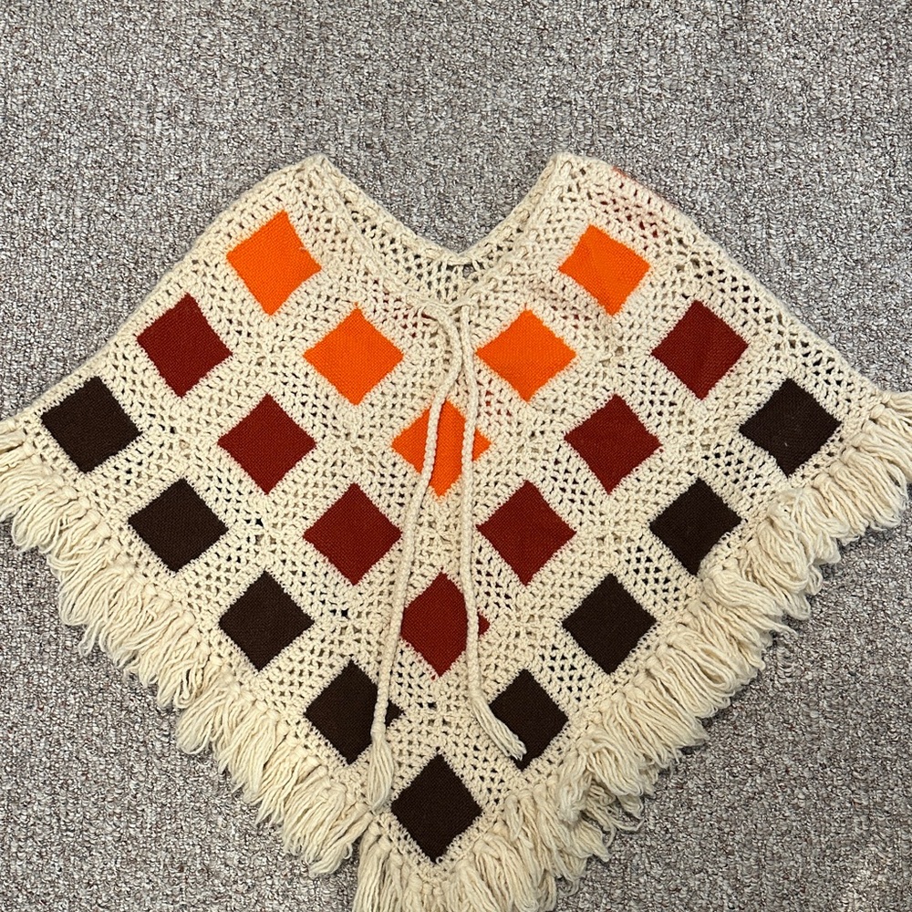 Vintage Crochet Poncho with Fringe